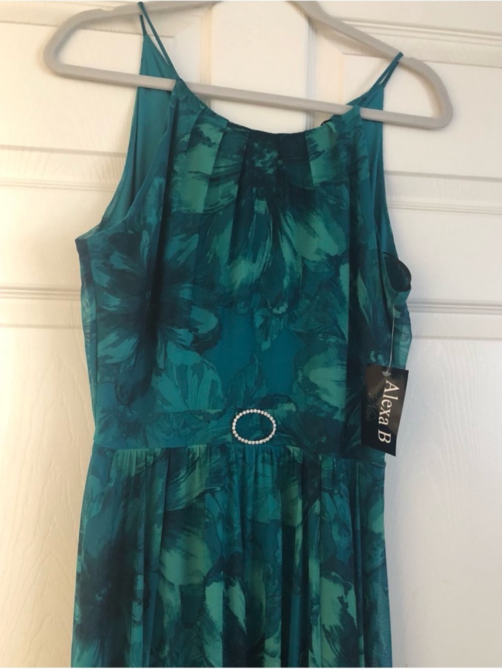 Alexa B Teal Floral Maxi Dress with Rhinestone Oval Accent